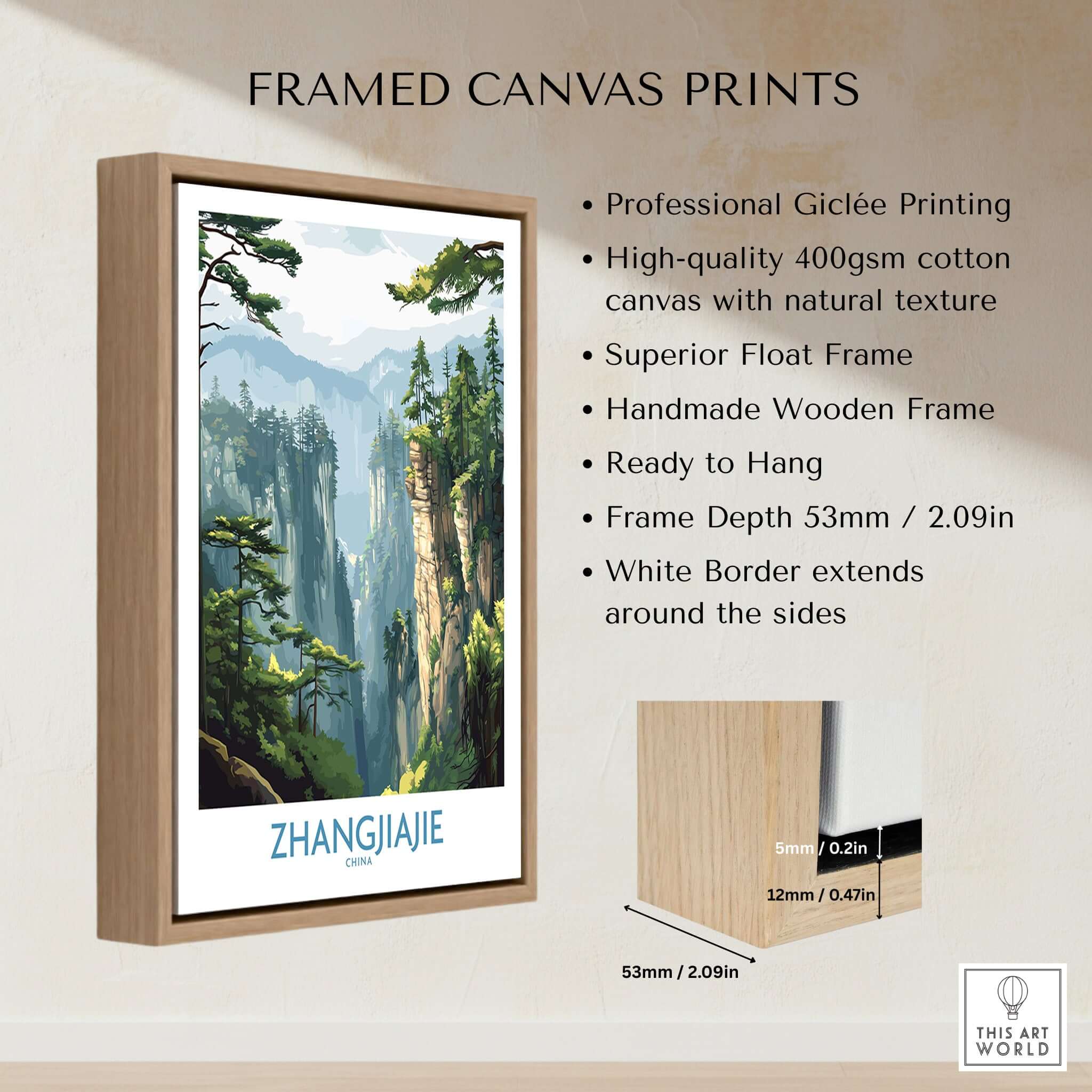 Zhangjiajie China Art Print | Misty Forest Canyon Poster framed with natural wood and white border, ready to hang.