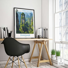 Zhangjiajie China Floating Mountains Art Print | Karst Peak Forest Poster displayed on a modern desk in an office setting.