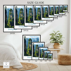 Zhangjiajie China Floating Mountains Art Print | Karst Peak Forest Poster size guide with various frame options.