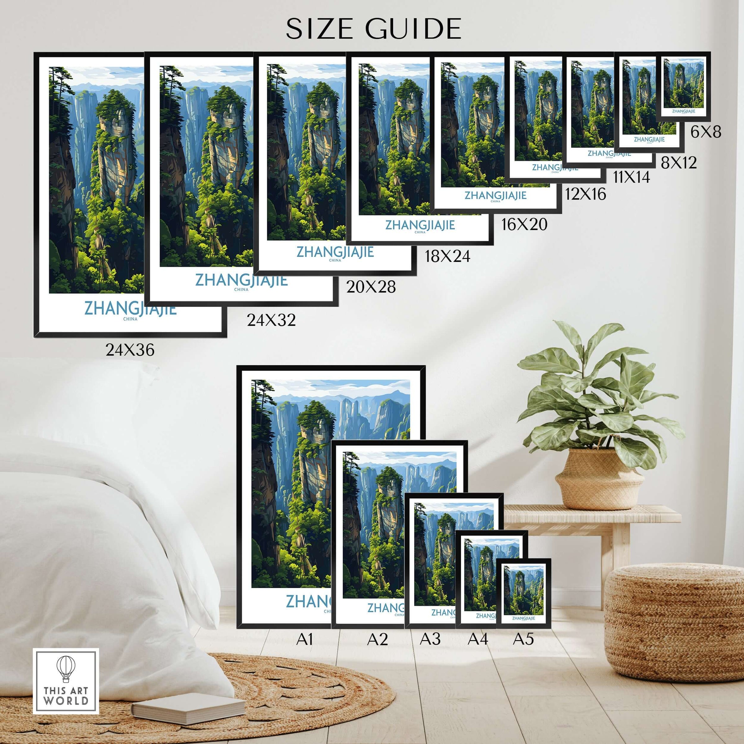 Zhangjiajie China Floating Mountains Art Print | Karst Peak Forest Poster size guide with various frame options.
