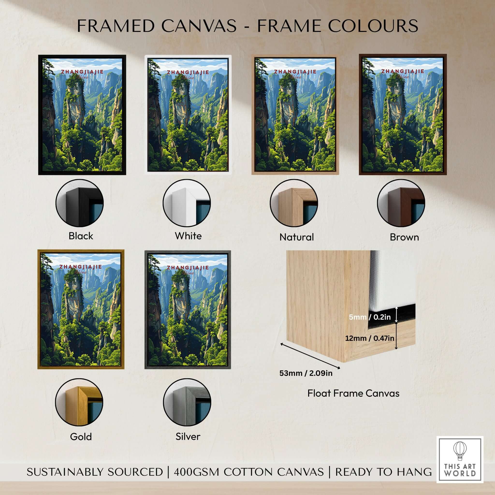 Zhangjiajie Wulingyuan Canvas Print | Chinese Landscape Decor - Frame colour options including black, white, natural, brown, gold, silver.