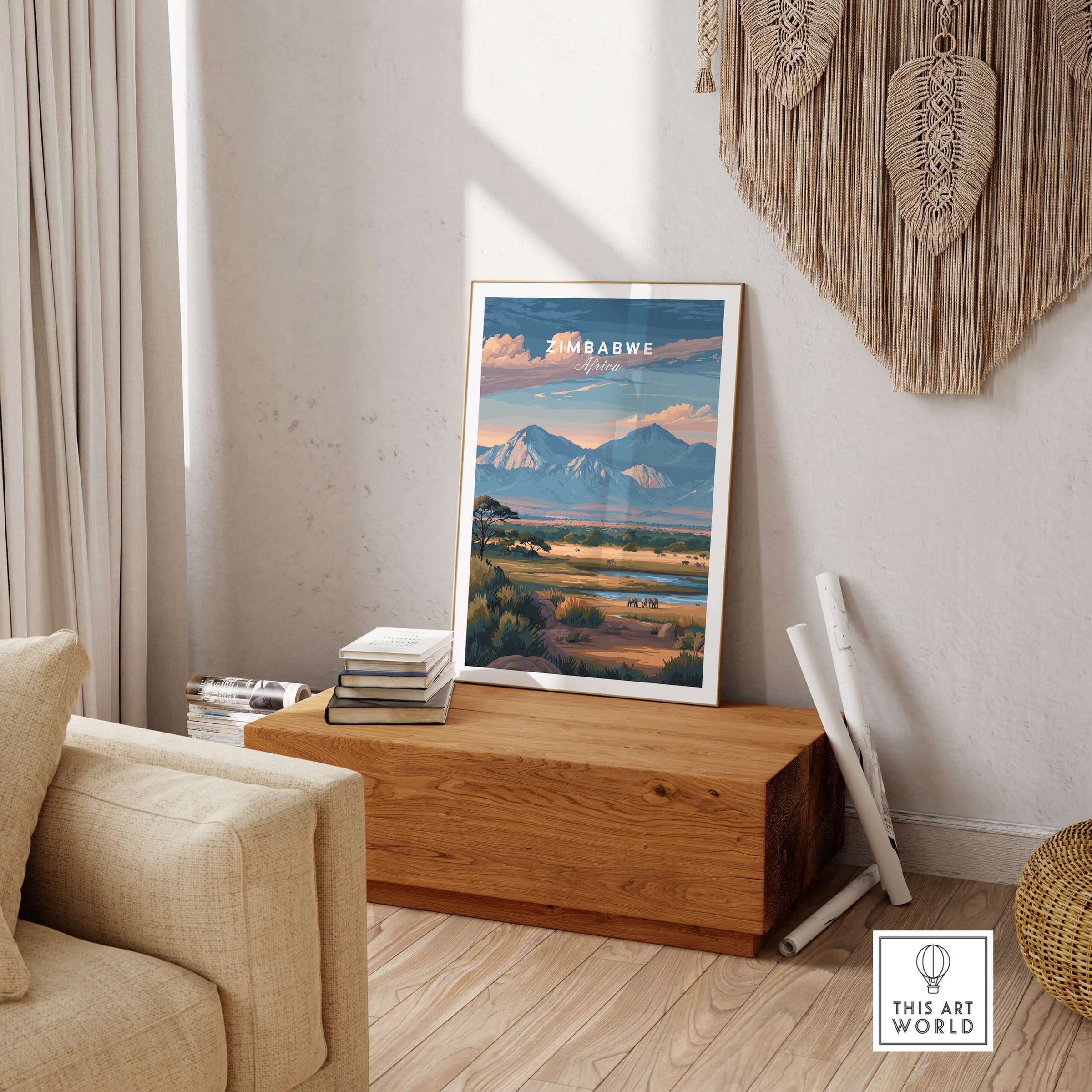 Zimbabwe Poster - African Savanna Print - Wildlife Home Decor showcased in a stylish living room setting.