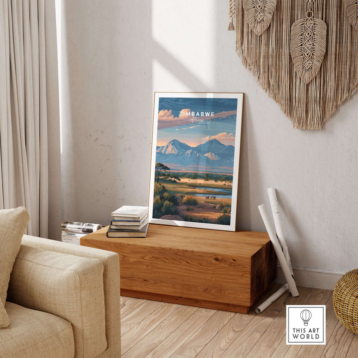 Zimbabwe wildlife poster featuring scenic mountains and savanna, perfect for wildlife home decor.