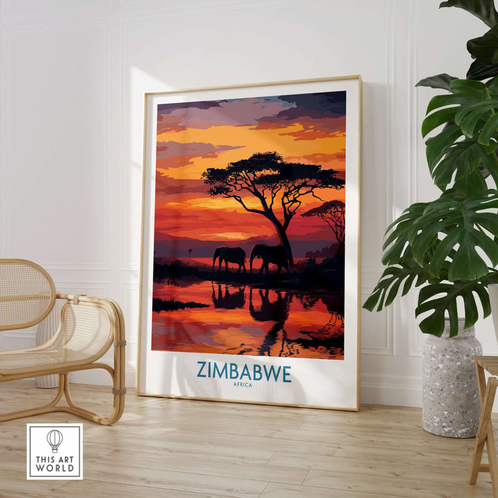 Zimbabwe poster featuring elephants at sunset, reflecting in water, framed wall art for nature lovers.
