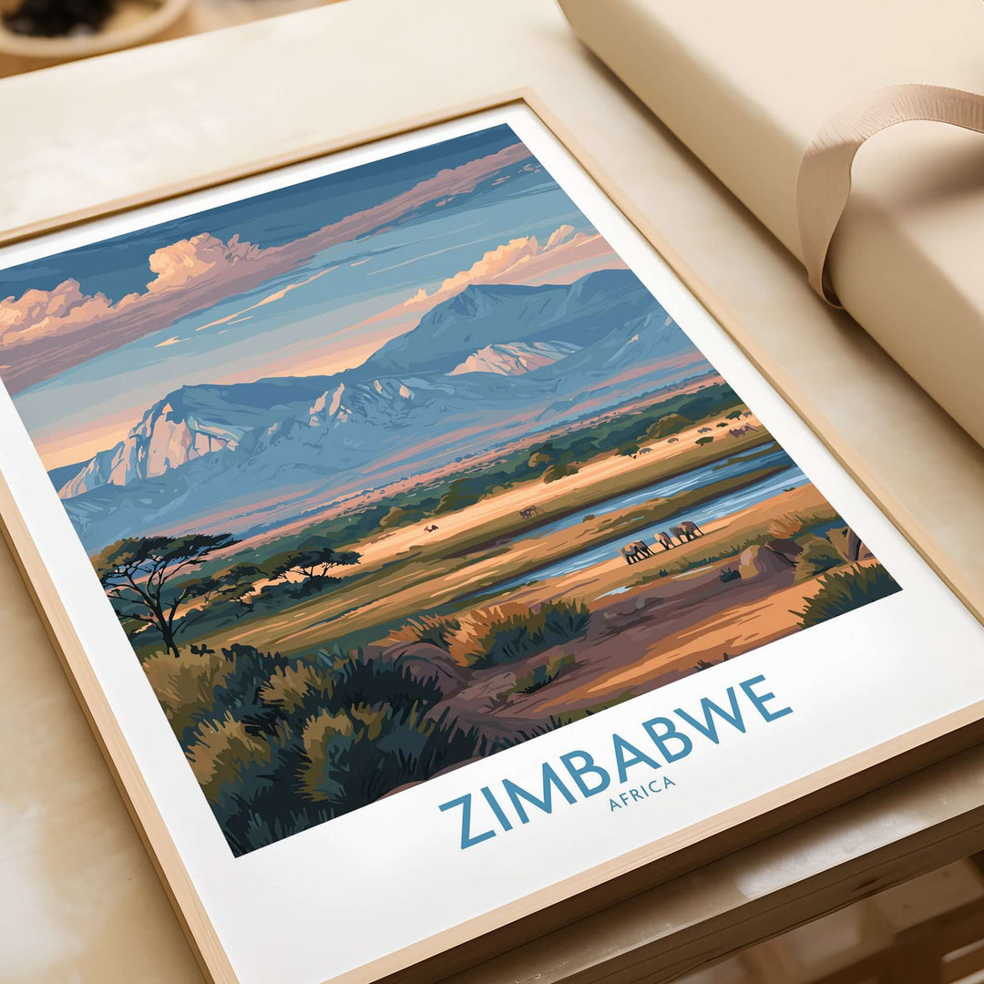 Framed Zimbabwe wall art featuring a majestic safari landscape with mountains and wildlife.