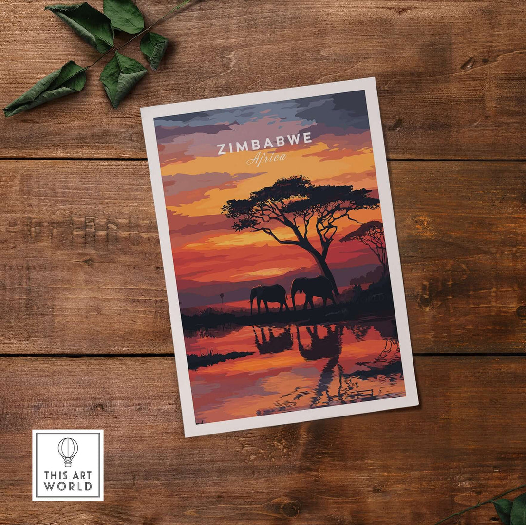 Zimbabwe travel poster featuring African elephants and sunset, vibrant home decor for nature lovers.