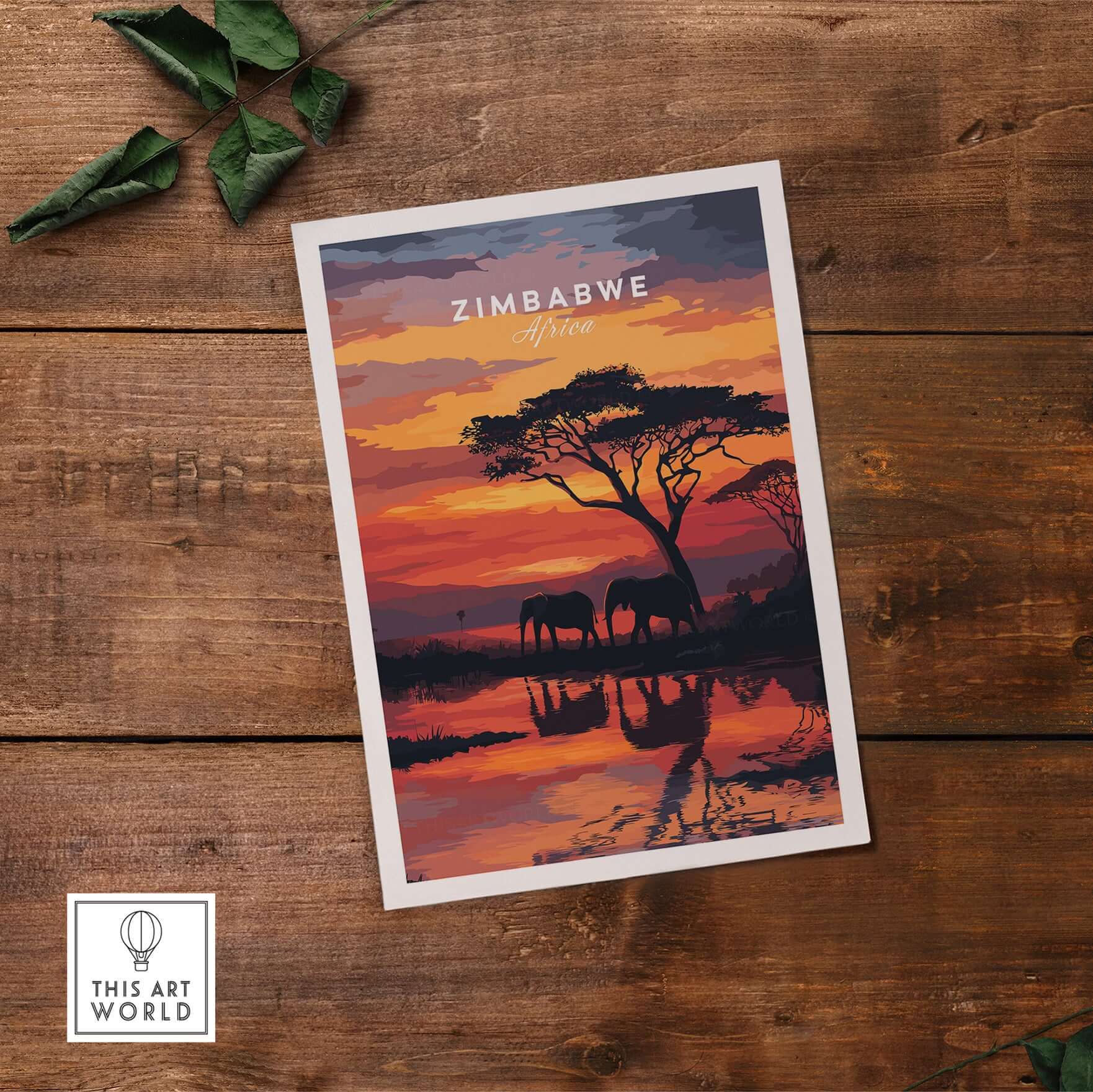 Zimbabwe Travel Poster - African Elephant Print - Vibrant Sunset Home Decor featuring elephants and a sunset over water.
