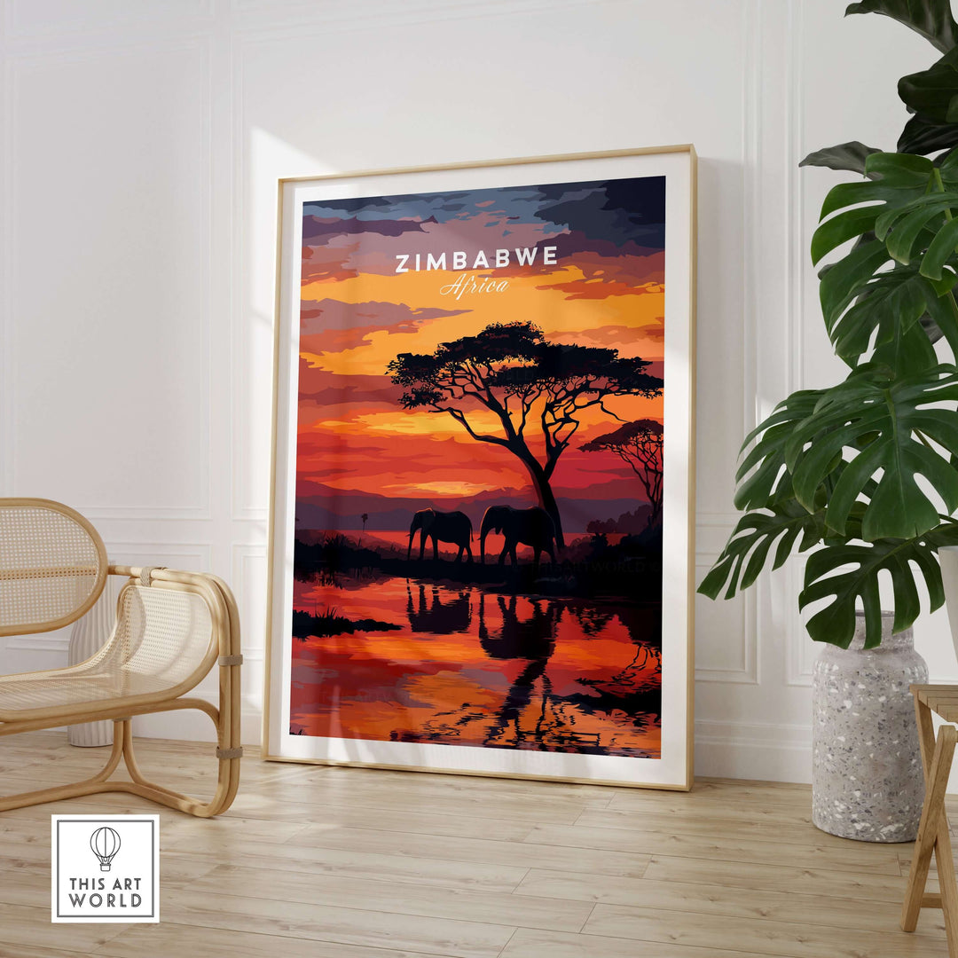 Zimbabwe travel poster featuring African elephants at sunset, perfect for home decor and wildlife lovers.