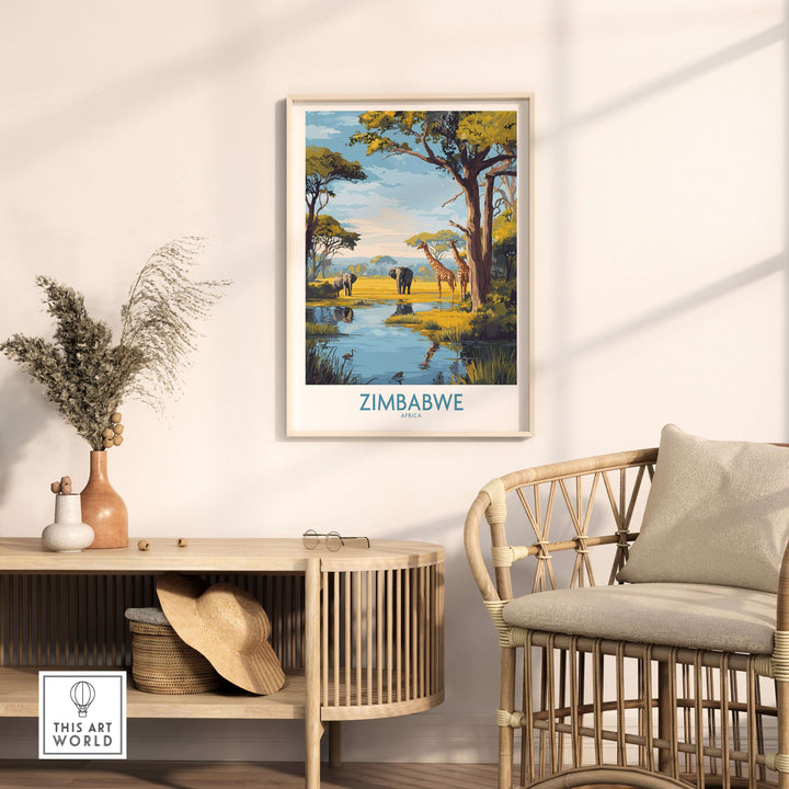Zimbabwe poster featuring elephants by a river, African safari wall art in a stylish home setting.