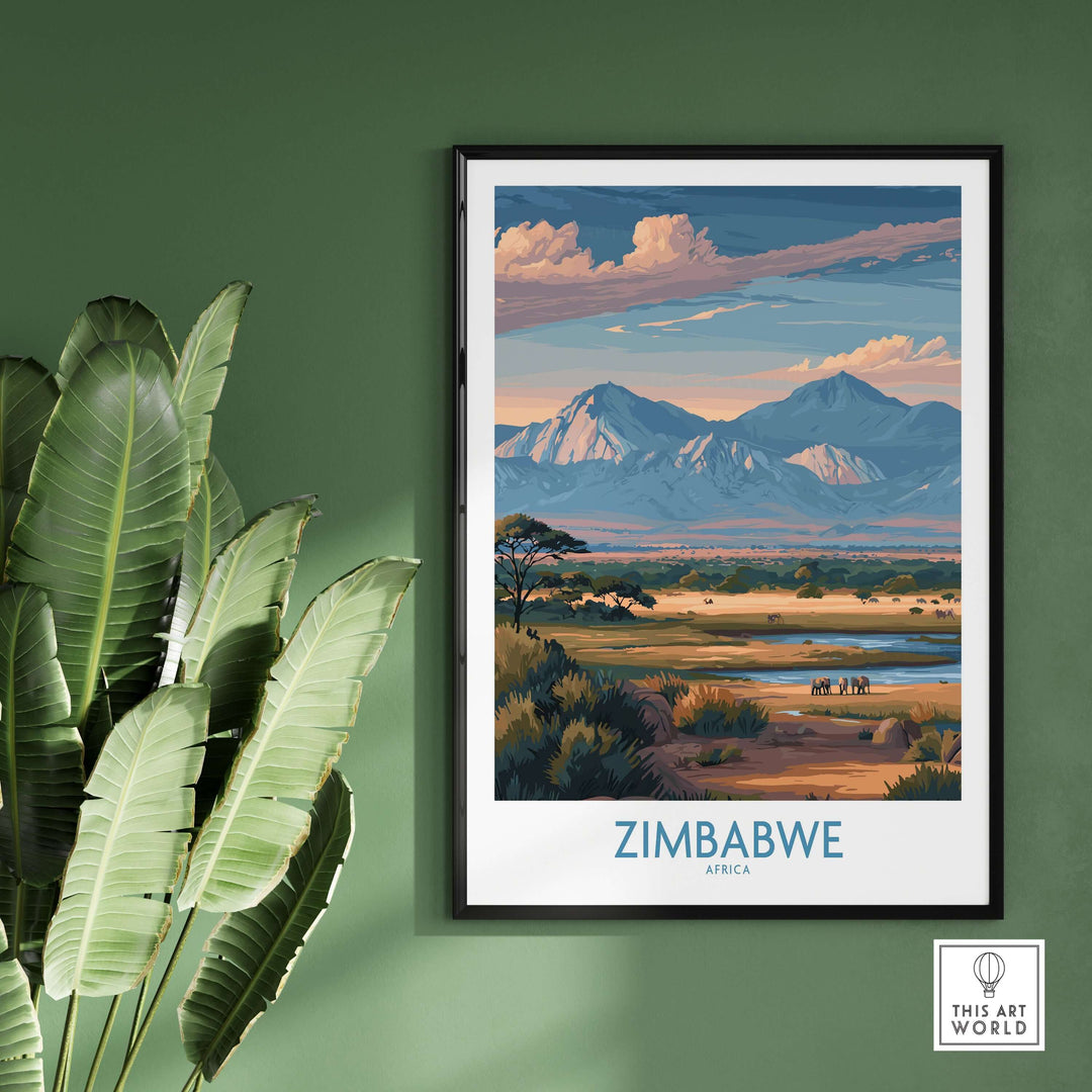Zimbabwe wall art poster showcasing scenic landscapes, mountains, and elephants in a vibrant safari setting.