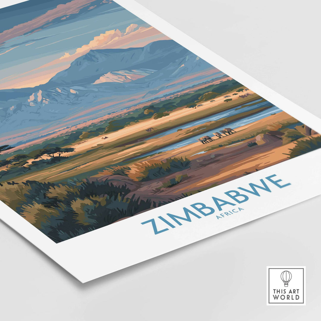 Zimbabwe wall art featuring a scenic landscape print with mountains, river, and wildlife.