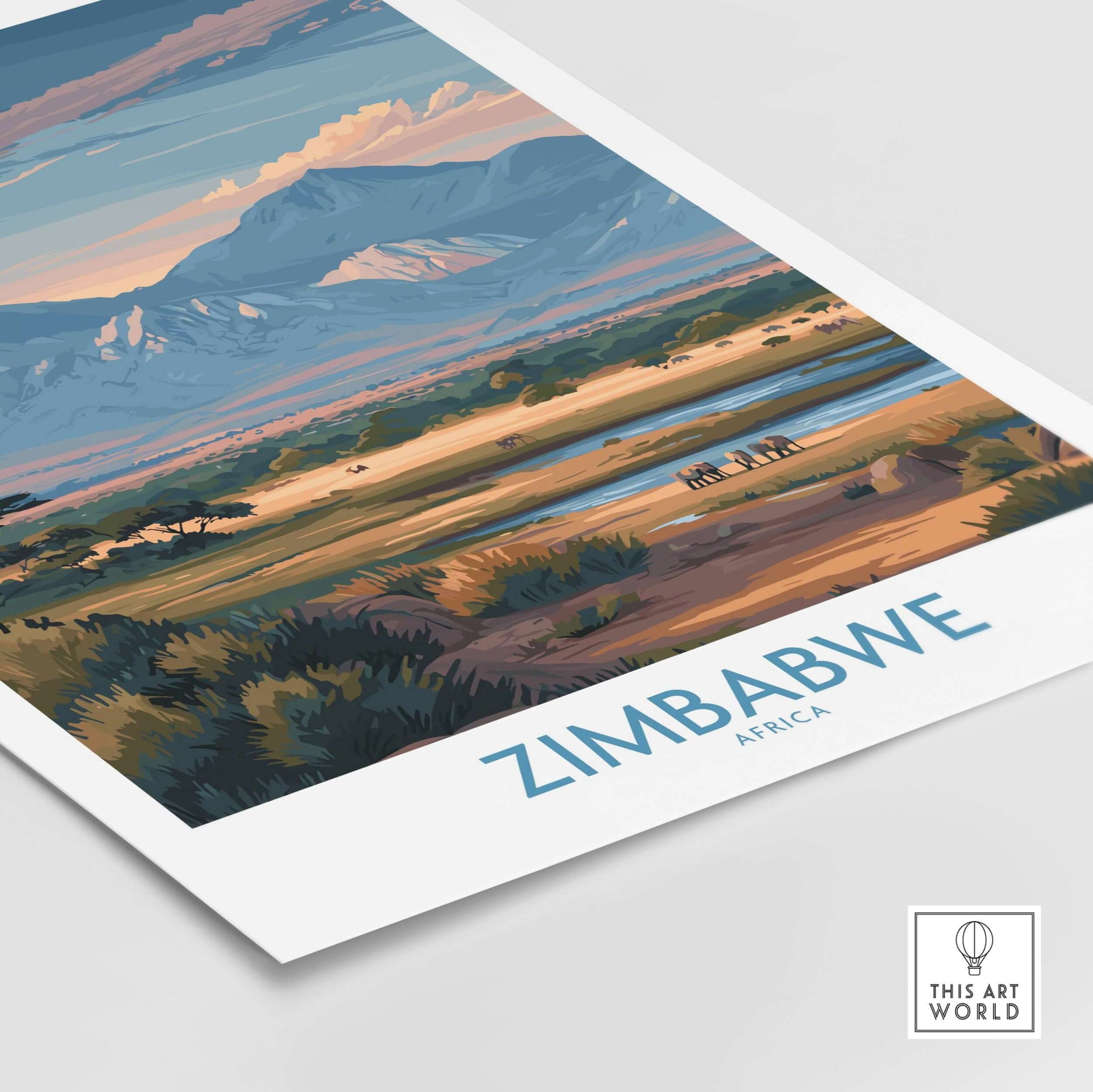 Zimbabwe Wall Art - African Safari Poster - Elephant Travel Print close-up of landscape art featuring the Zimbabwe mountains and river.