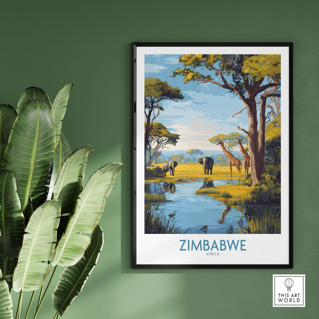Zimbabwe poster featuring elephants near a river, vibrant African safari wall art for home decor.