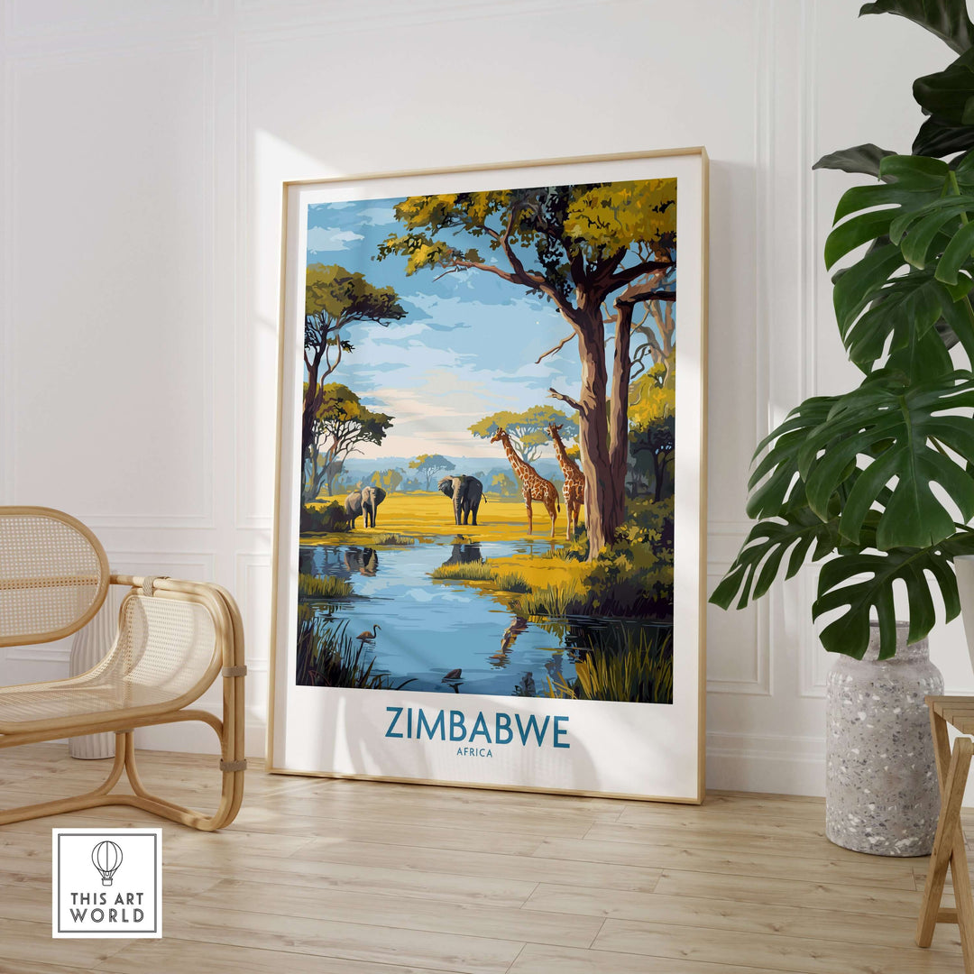 Zimbabwe poster featuring elephants and giraffes, showcasing African safari wall art in serene landscape.