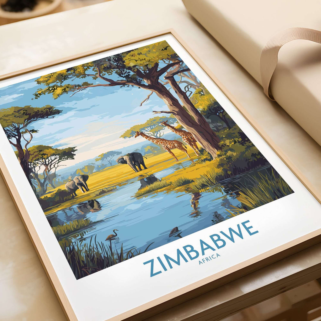 Zimbabwe poster featuring giraffes and elephants in a vibrant African safari landscape.