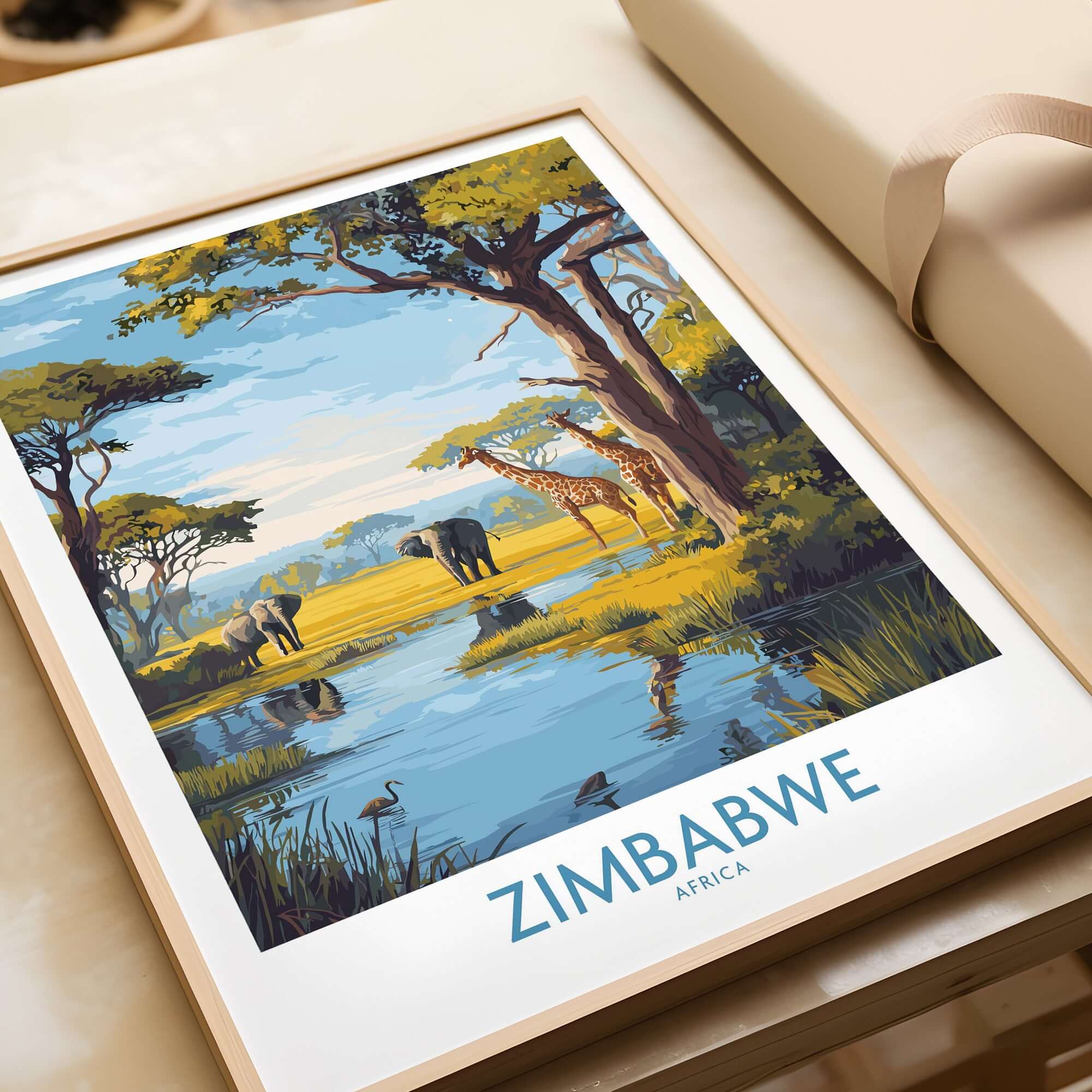 Zimbabwe Poster - African Safari Wall Art - Giraffe and Elephant Print displayed in a beautiful frame on a table.