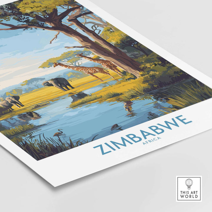 Zimbabwe poster featuring giraffes and elephants by a serene river, showcasing African safari wildlife art.