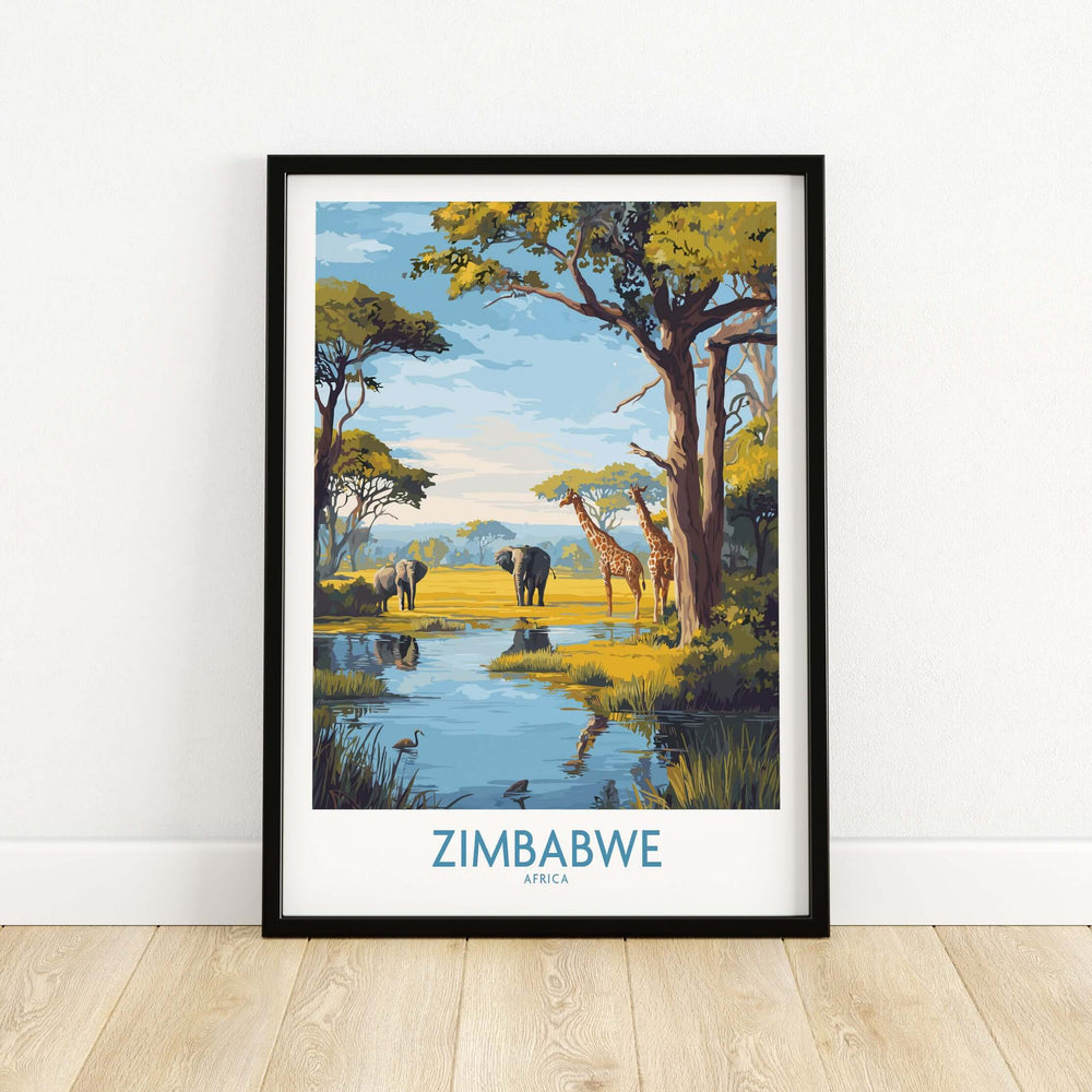 Zimbabwe poster featuring giraffes and elephants in a scenic African safari landscape, perfect for wall art.