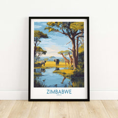 Zimbabwe Poster - African Safari Wall Art - Giraffe and Elephant Print showcasing wildlife in a vibrant landscape.