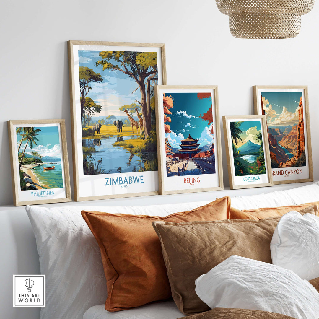 Framed Zimbabwe poster featuring elephants among landscapes with travel art from various destinations.