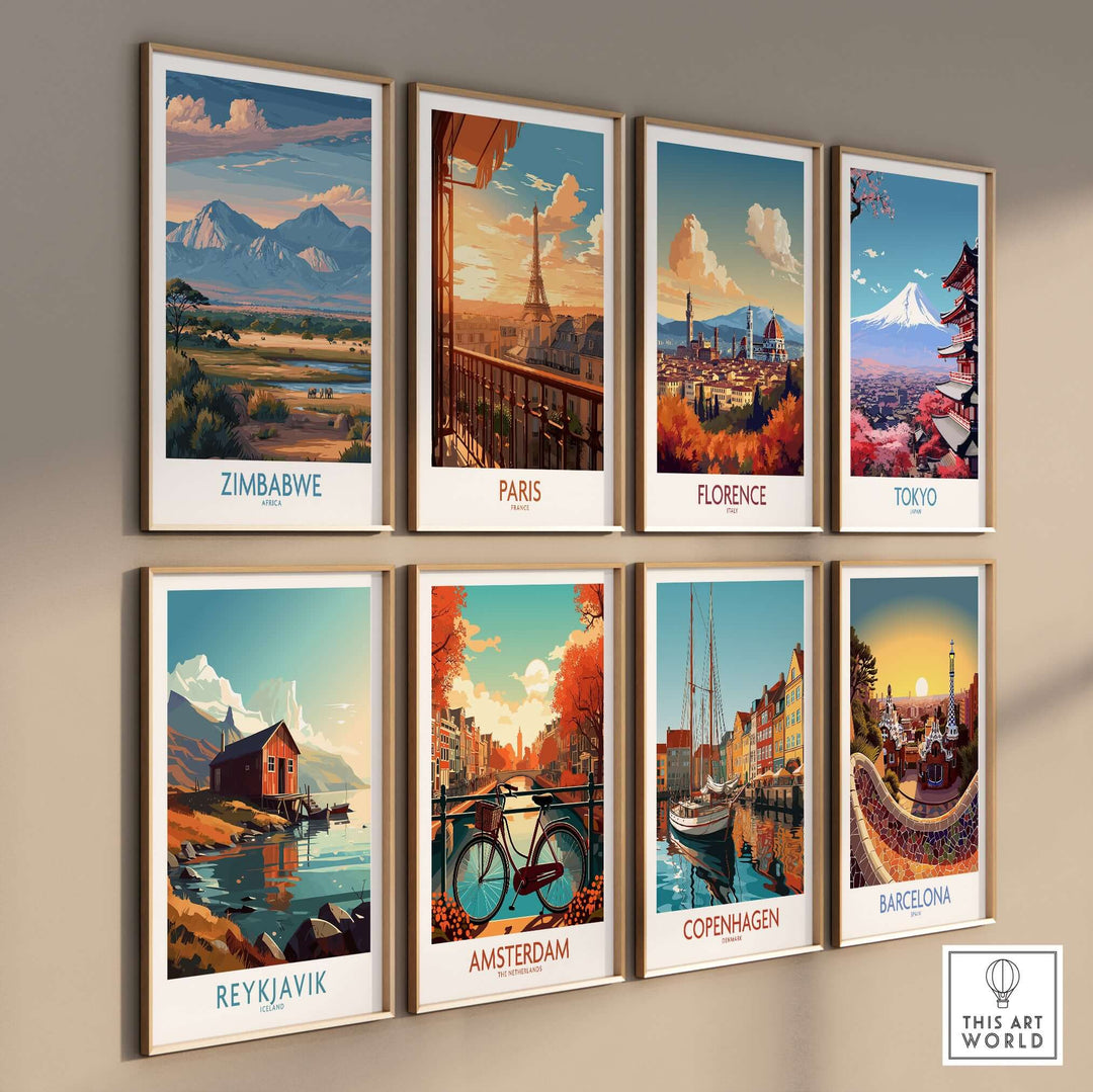 Collection of vibrant travel posters featuring landmarks from Zimbabwe, Paris, Florence, Tokyo, Reykjavik, Amsterdam, Copenhagen, and Barcelona.
