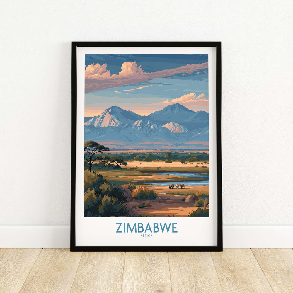 Framed Zimbabwe wall art showcasing scenic mountains and landscape, perfect for safari lovers and travel enthusiasts.