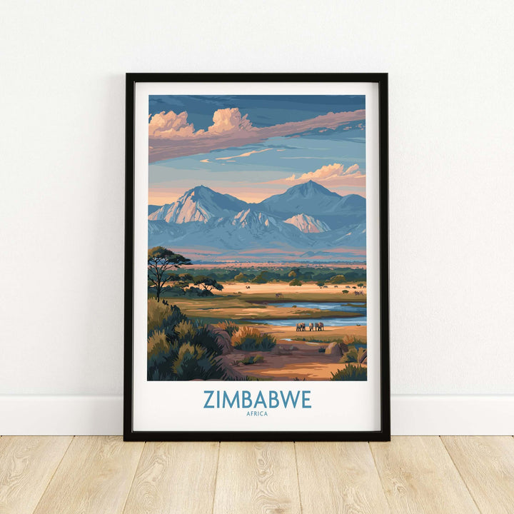 Framed Zimbabwe wall art showcasing scenic mountains and landscape, perfect for safari lovers and travel enthusiasts.