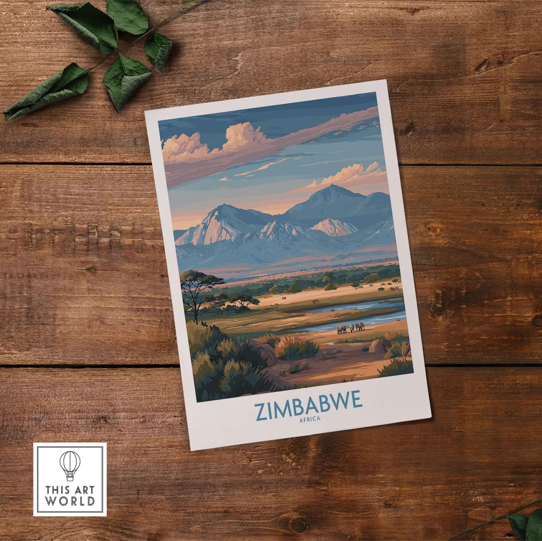 Zimbabwe Wall Art - African Safari Poster - Elephant Travel Print showcasing a picturesque landscape of Zimbabwe.