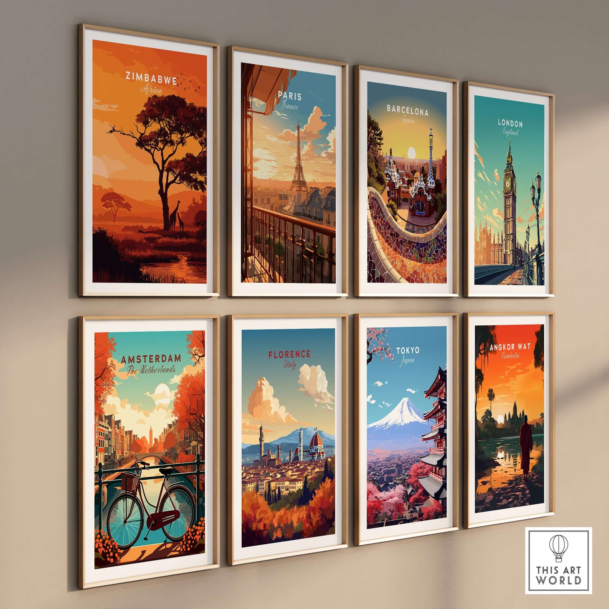 Zimbabwe Poster - African Savanna Print - Giraffes at Sunset Home Decor displayed among global city prints.