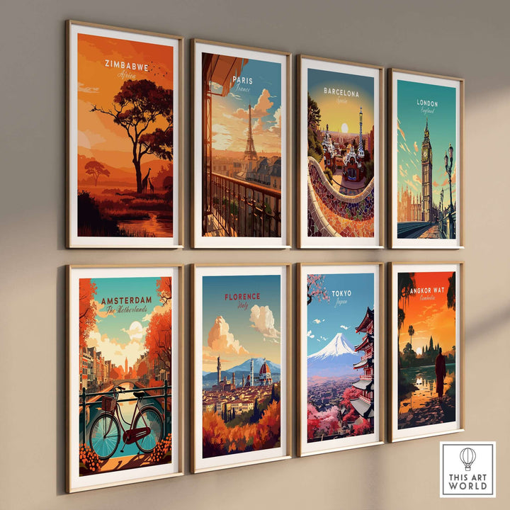 Gallery wall of travel posters featuring Zimbabwe, Paris, Barcelona, London, Amsterdam, Florence, Tokyo, and Angkor Wat.
