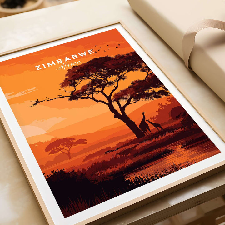 Zimbabwe poster featuring giraffes silhouette at sunset over the savanna, perfect for home decor.
