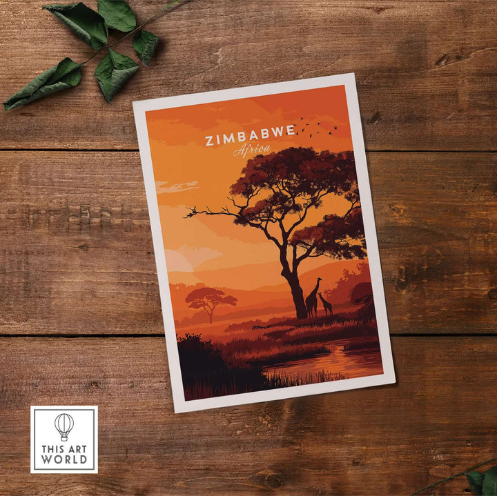Zimbabwe poster featuring giraffes and a sunset over the savanna, perfect for home decor and wildlife lovers.
