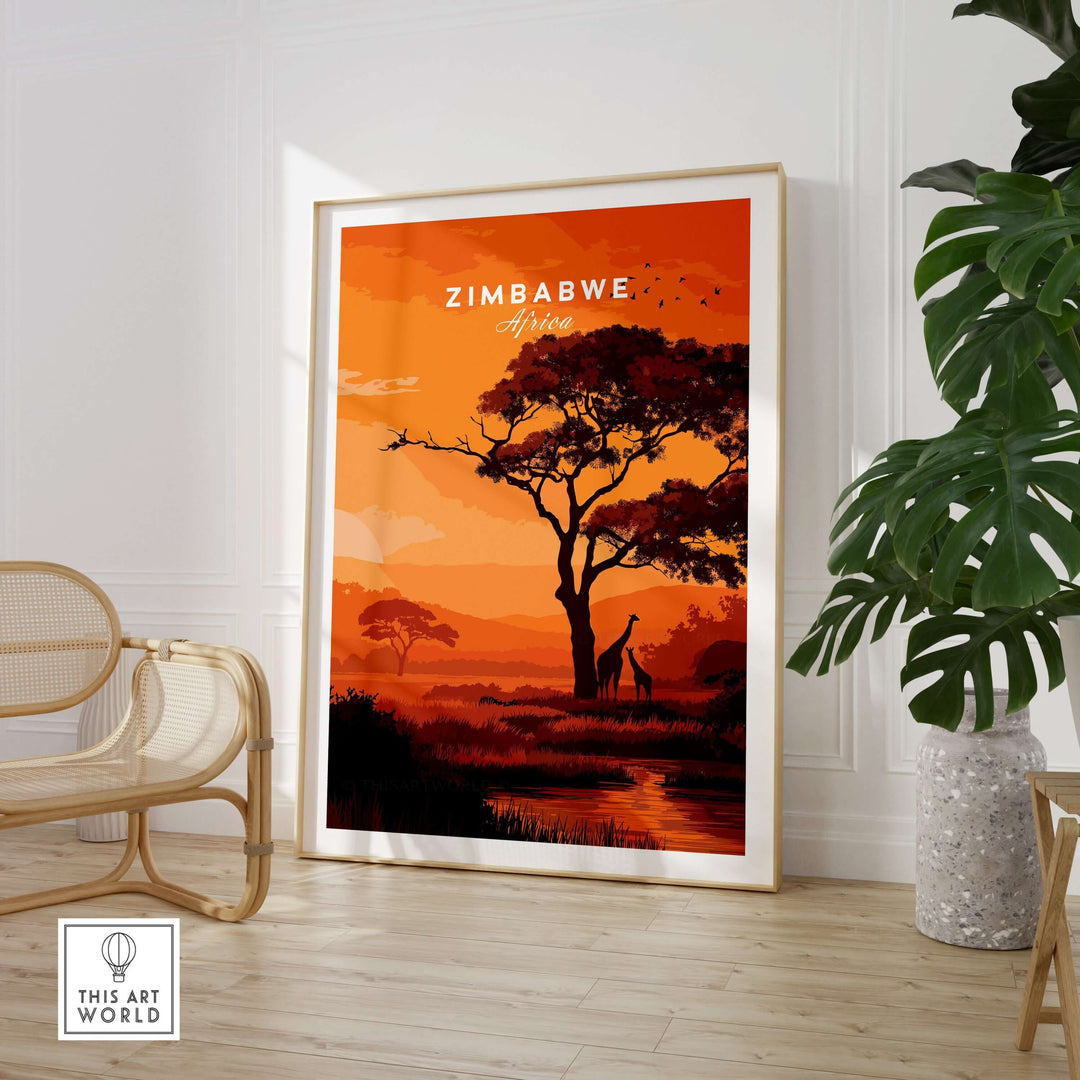 Zimbabwe poster featuring giraffes at sunset, African savanna home decor in warm orange hues.