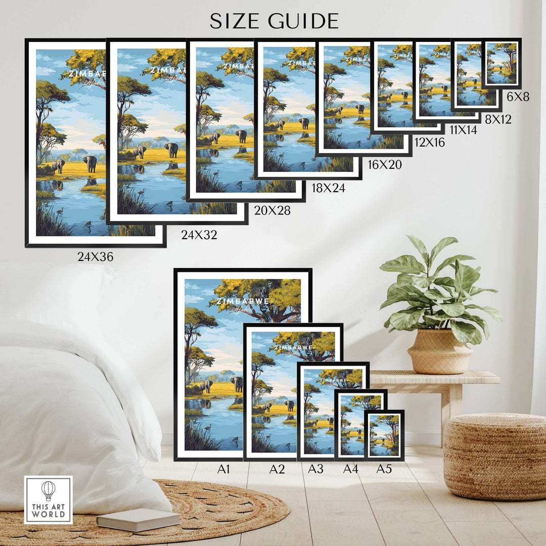 Size guide for Zimbabwe Travel Print featuring African savanna landscapes and various frame sizes.