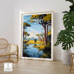 Zimbabwe Travel Print - African Savanna Landscape Poster featuring elephants and giraffes by a serene waterbody.