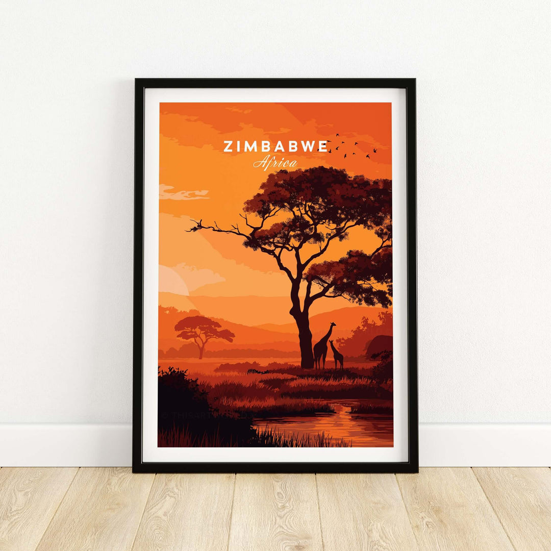 Zimbabwe poster featuring giraffes at sunset, showcasing African savanna beauty in warm hues.