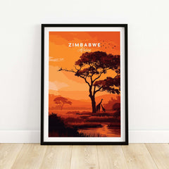 Zimbabwe Poster - African Savanna Print - Giraffes at Sunset Home Decor showcasing a sunset silhouette of giraffes.