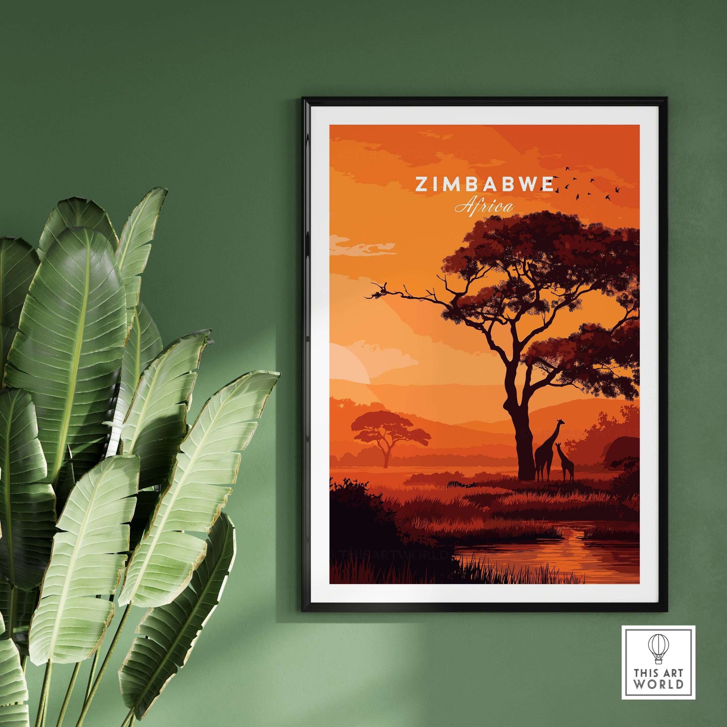 Zimbabwe Poster - African Savanna Print - Giraffes at Sunset Home Decor on a green wall.
