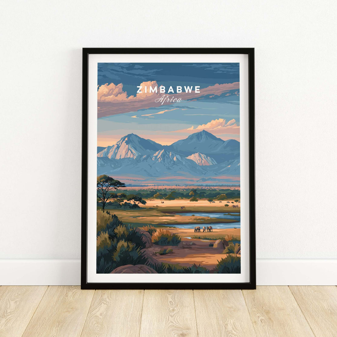 Zimbabwe poster featuring African savanna landscape and iconic mountains, perfect for wildlife home decor.