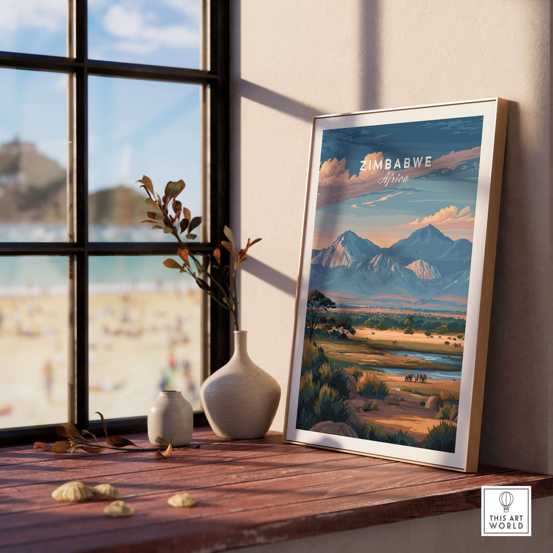 Zimbabwe wildlife poster featuring the African savanna and mountains, perfect for nature-inspired home decor.