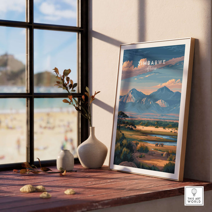Zimbabwe wildlife poster featuring the African savanna and mountains, perfect for nature-inspired home decor.