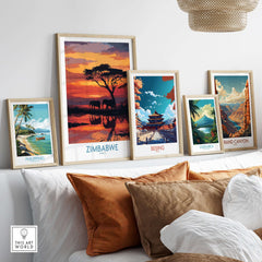 Zimbabwe Poster - Africa Elephant Wall Art - Wildlife Reflection Print displayed with other travel posters on a wall.