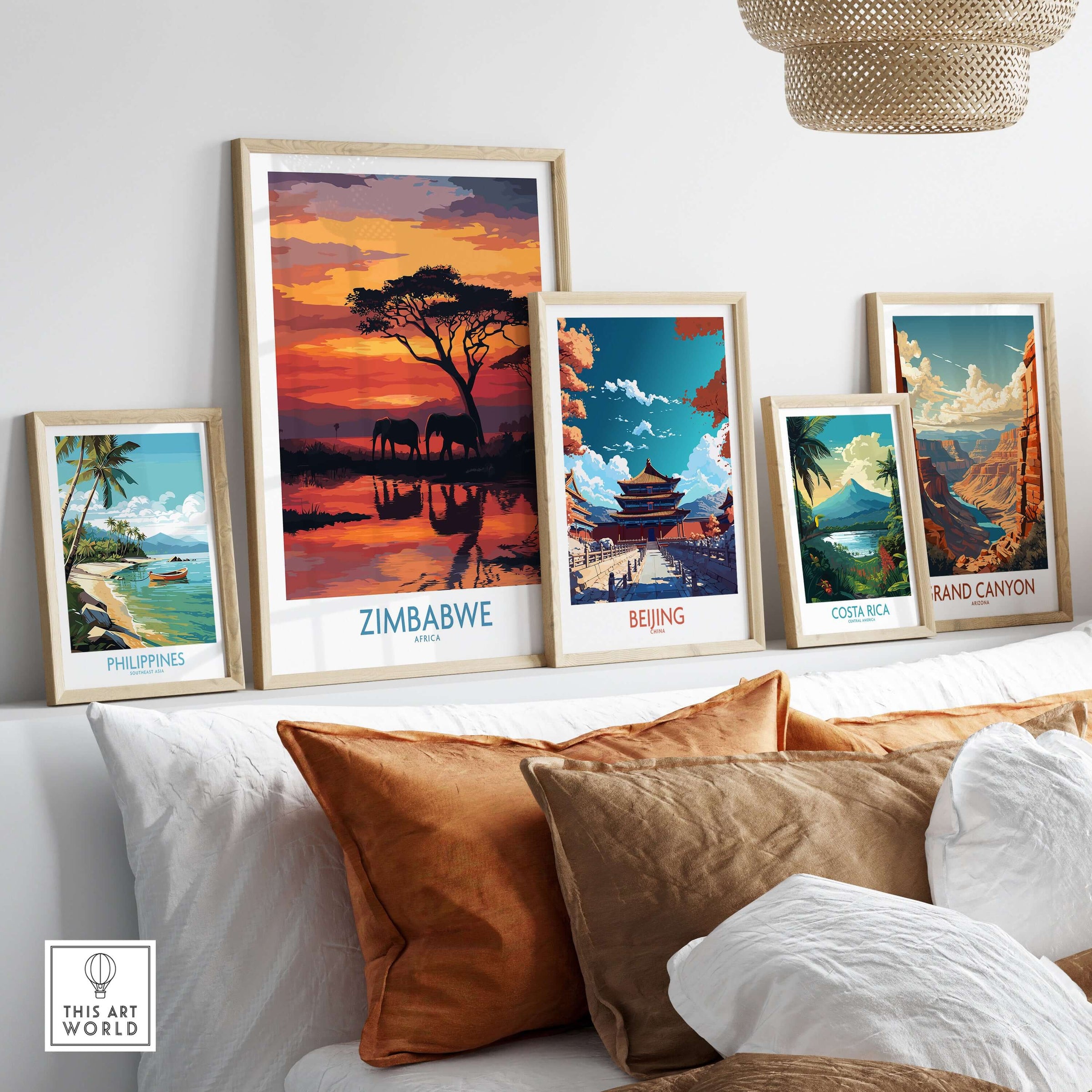 Zimbabwe Poster - Africa Elephant Wall Art - Wildlife Reflection Print displayed with other travel posters on a wall.