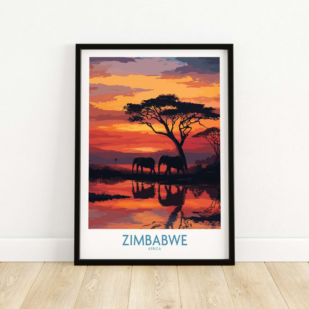 Zimbabwe poster featuring elephants at sunset with reflections, showcasing African wildlife and natural beauty.