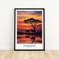 Zimbabwe Poster - Africa Elephant Wall Art - Wildlife Reflection Print featuring elephants by sunset.