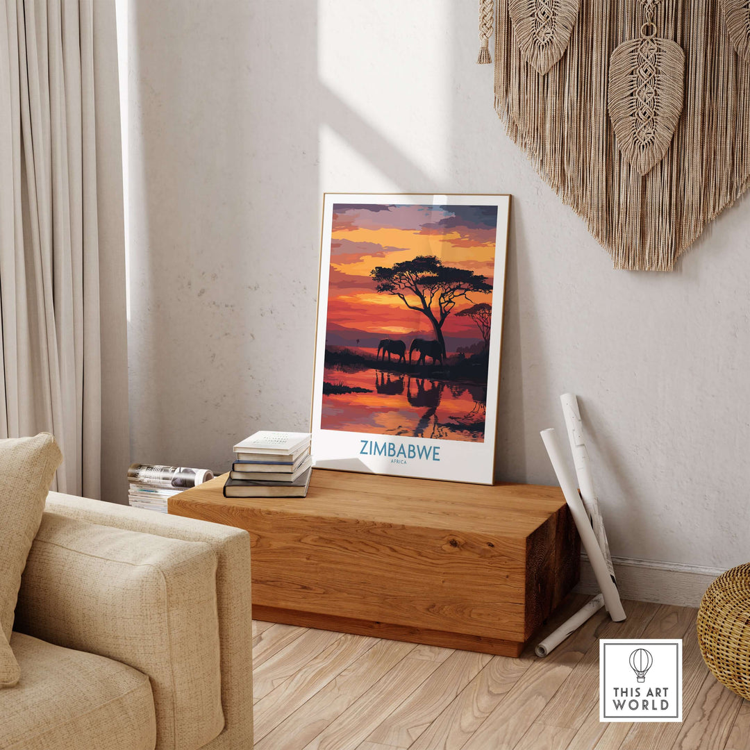Zimbabwe poster featuring elephants and sunset reflection, adding wildlife charm to home decor.