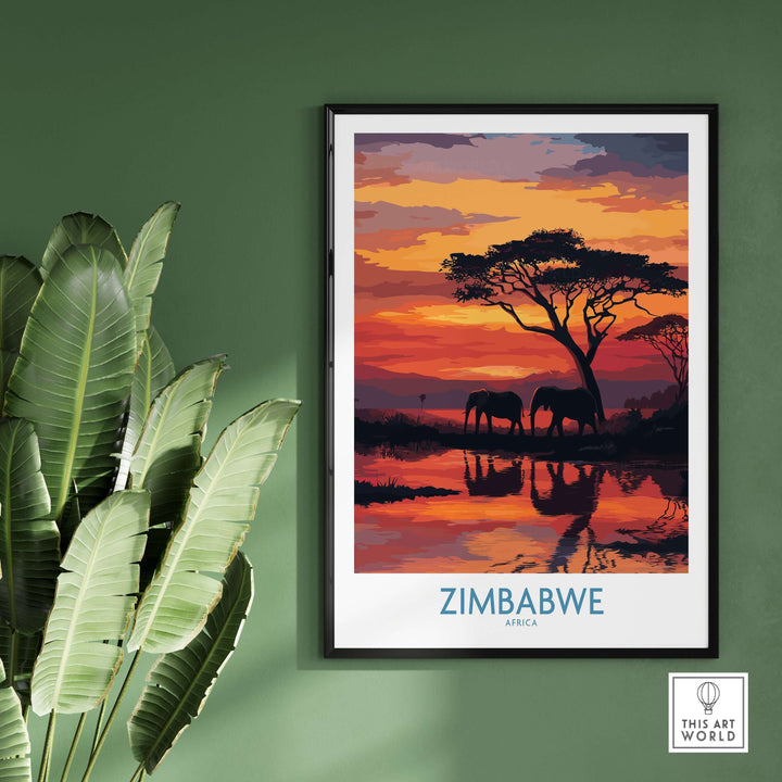 Zimbabwe poster featuring elephants and sunset reflections, perfect for wildlife art decor.