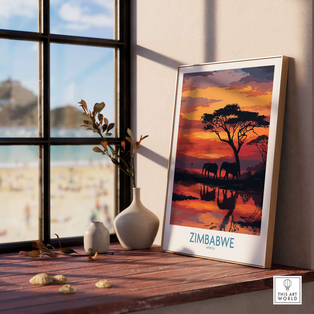 Zimbabwe poster featuring elephants at sunset, depicting wildlife reflection wall art for nature enthusiasts.