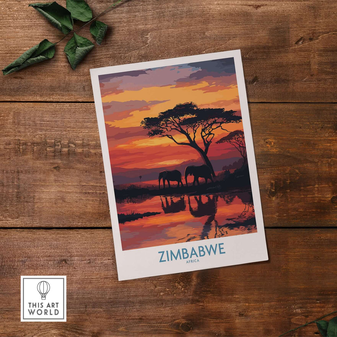 Zimbabwe poster featuring elephants at sunset, reflecting on water, showcasing African wildlife art.