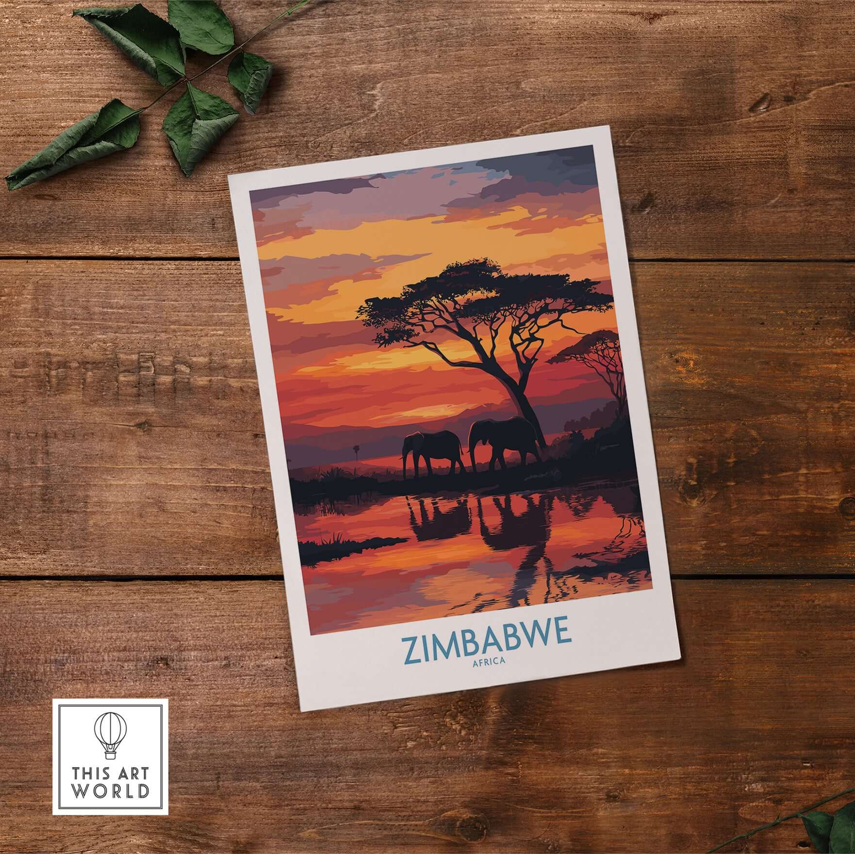 Zimbabwe Poster - Africa Elephant Wall Art - Wildlife Reflection Print with stunning sunset and elephants silhouette